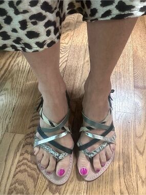 Anthropologie Bibi Lou Strappy Flat Sandals Black Silver Reptile Zebra 8.5 NWOT